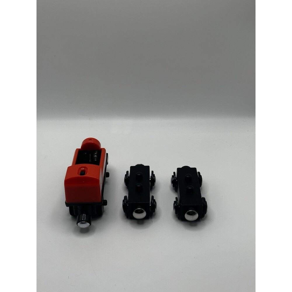 Hape Wooden Railway Battery Powered Engine + 2 Cargo Cars, Light Works, Lot 3